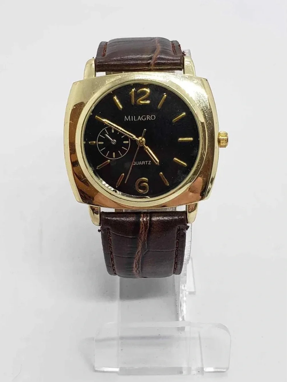 90’s Milagro Gold-Tone Black Dial Men's Watch with Brown Leather gator Strap - Picture 2 of 5